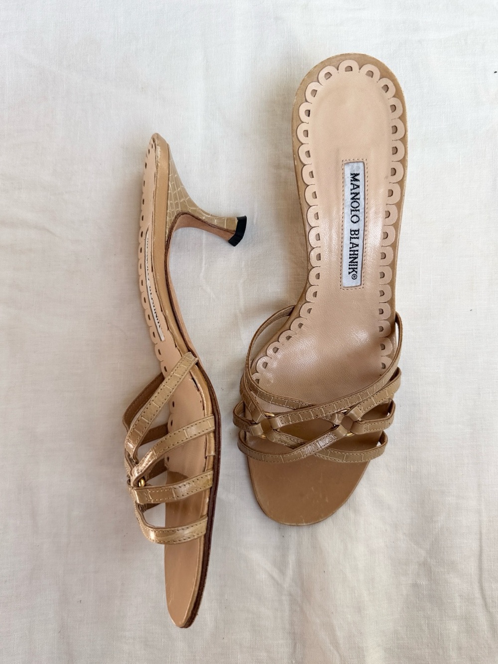 Manolo Blahnik Vintage Beige Strappy Kitten Heel Mules - Picture 2 of 5